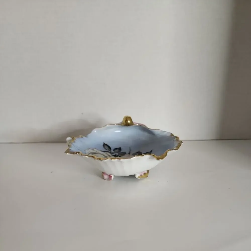 Vtg Chubu China Hand Painted Shell Shaped Trinket Dish Rose Pale Blue, Pink